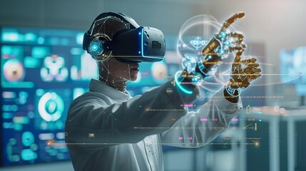 engineer in a virtual reality headset using a controller and a robot arm.