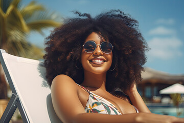 Obraz premium Happy young black woman relaxing on deck chair at beach wearing spectacles. Smiling african american girl with sunglasses enjoy vacation. Carefree happy young woman sunbathing at sea with copy space.