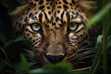 Powerful and majestic, a fierce african leopard gazes through the foliage with piercing eyes and intricate whiskers, embodying the untamed beauty of the wild