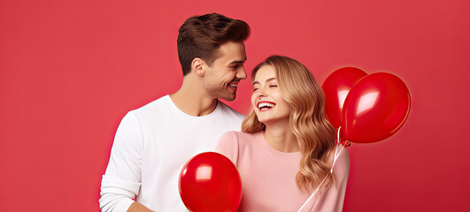 Happy young couple with heart-shaped balloons on color background. Valentines Day celebration