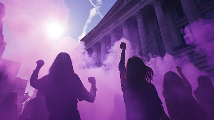 Photograph of a group of women closing fist of up high in front of government building. Purple smoke color palette. Women's day. 8M - obrazy, fototapety, plakaty
