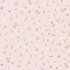 Cute abstract floral vector pattern with small flowers. Collage contemporary seamless pattern. Hand drawn cartoon style pattern. Minimalism