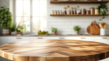 Empty beautiful round wood tabletop counter on interior in clean and bright kitchen background - obrazy, fototapety, plakaty