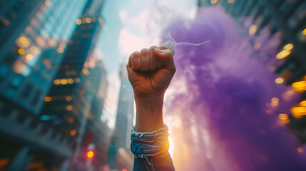Photograph of a woman silhouette closing fist of up high in a city street. Purple smoke color palette. Women's day. 8M
