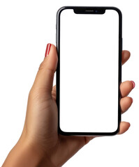 Hand holding a mobile phone , blank smartphone mockup illustration PNG element cut out transparent isolated on white background ,PNG file ,artwork graphic design. - obrazy, fototapety, plakaty