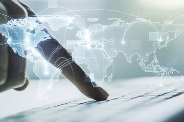 Abstract graphic digital world map with connections and hands typing on computer keyboard on...