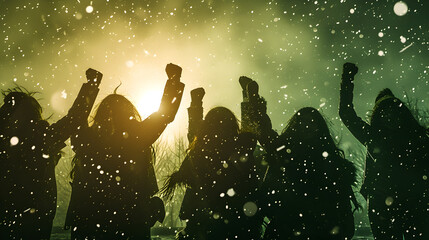Fototapeta na wymiar Photograph of a group of women closing fist of up high in a winter park snowing. Green smoke color palette. Women's day. 8M