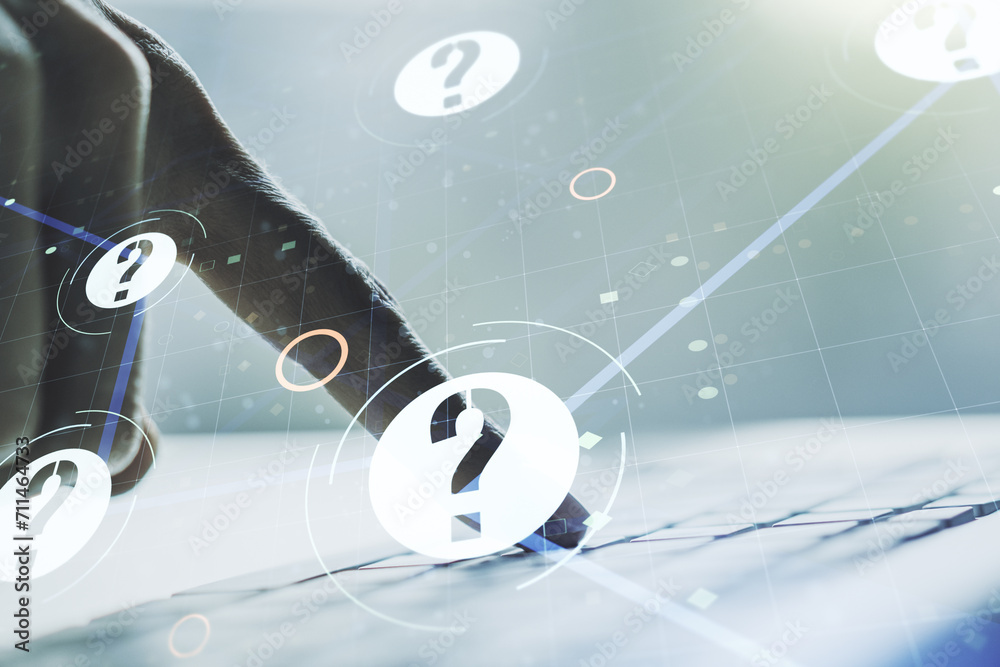 Aufkleber creative concept of question mark illustration and hands typing on laptop on background. faq and sea