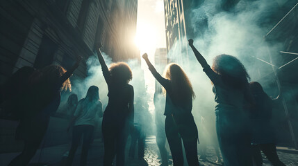 Photograph of a group of women closing fist of up high in a city street. White smoke color palette. Women's day. 8M