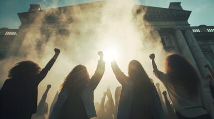Naklejka premium Photograph of a group of women closing fist of up high in front of government building. White smoke color palette. Women's day. 8M
