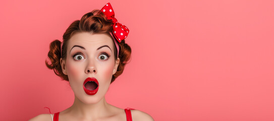 Woman with red lips surprise.Beautiful girl with curly hair surprised and shocked looks on you . Presenting your product. Portrait of impressed pretty person open mouth look camera news information 