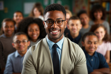 Generative AI illustration of smiling black male teacher in glasses with a group of high school students in the background