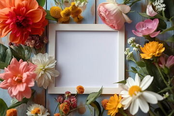 Generative AI illustration of white blank frame on a blue wooden surface adorned with a diverse array of colorful flowers