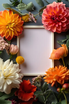 Generative AI illustration of vertical blank frame surrounded by a vibrant selection of flowers including dahlias and tulips on muted blue background