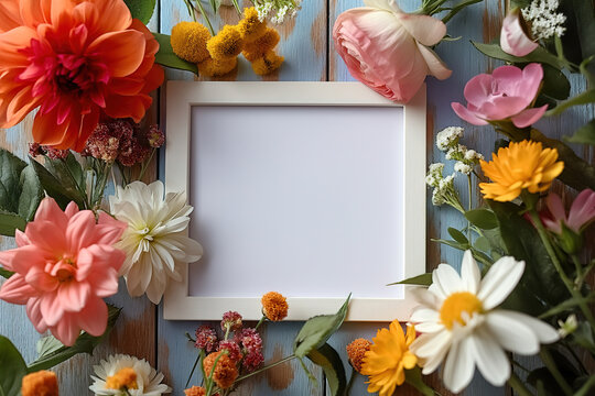 Generative AI illustration of white blank frame on a blue wooden surface adorned with a diverse array of colorful flowers
