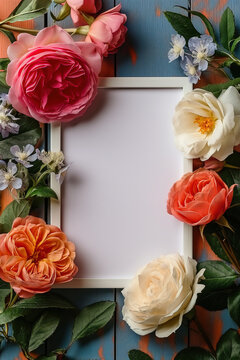 Generative AI illustration of blank white frame surrounded by a variety of vibrant roses and blossoms on a blue wooden background