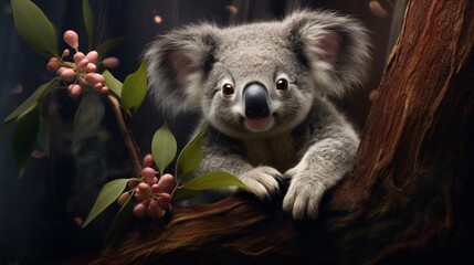 An intricately detailed portrayal of a baby koala clinging to a eucalyptus branch, its fuzzy fur and cuddly appearance - Generative AI