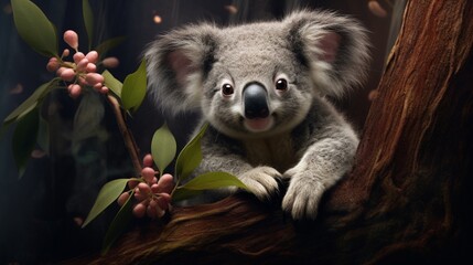 Fototapeta premium An intricately detailed portrayal of a baby koala clinging to a eucalyptus branch, its fuzzy fur and cuddly appearance - Generative AI