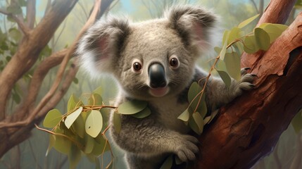 An intricately detailed portrayal of a baby koala clinging to a eucalyptus branch, its fuzzy fur and cuddly appearance - Generative AI