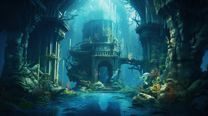 Underwater ancient city in the depths of the ocean - obrazy, fototapety, plakaty