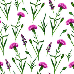 Seamless pattern of carnations and herbs watercolor on a white background.