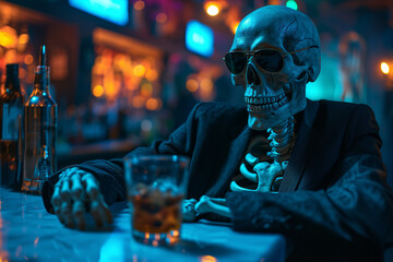 Skeletal figure enjoying a drink in a moody bar setting Generative AI image