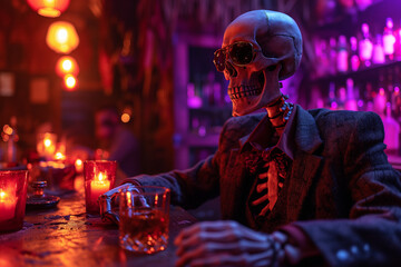 Skeleton in suit enjoying a drink at moody bar Generative AI image