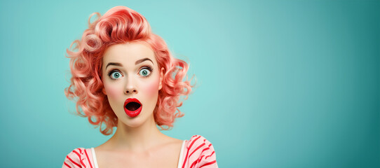 Woman with red lips surprise.Beautiful girl with curly hair surprised and shocked looks on you . Presenting your product. Portrait of impressed pretty person open mouth look camera news information  - obrazy, fototapety, plakaty
