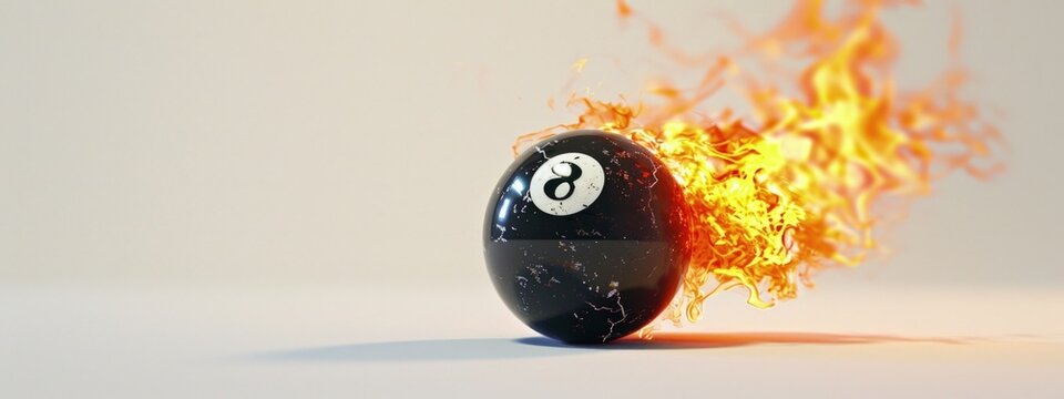 Burning 8 snooker ball on white background, billiard games concept.