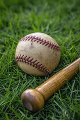 Baseball bat and ball on the grass of a field, sports and leisure concept.