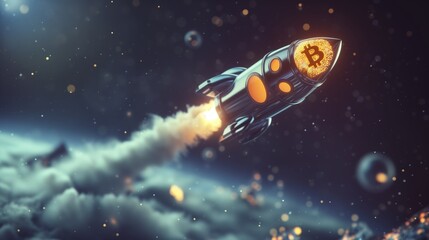 Bitcoin and cryptocurrency investing concept. Bitcoin rocket flies up