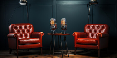 interior of a recording studio with brown leather armchairs and a retro microphone Two chairs and microphone. Podcast interview concept.