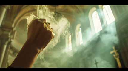 Photograph of a woman silhouette closing fist of up high in a church. White smoke color palette. Women's day. 8M