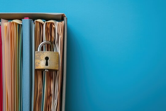 File folder with padlock on blue background, data security concept.