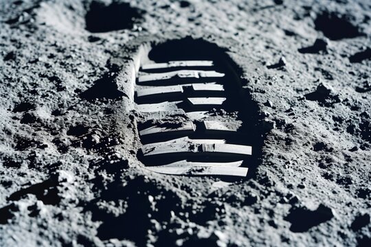 Illustration of an astronaut's footprint on the surface of the moon, concept of science and discoveries.