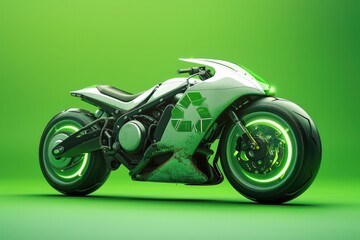 Futuristic motorcycle with recycling symbol, concept of environmental preservation and Earth Day.