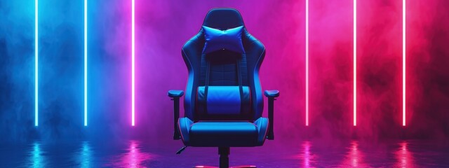 Gaming chair and neon lights in the background, gaming and streamer concept. - obrazy, fototapety, plakaty