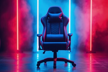 Gaming chair and neon lights in the background, gaming and streamer concept.