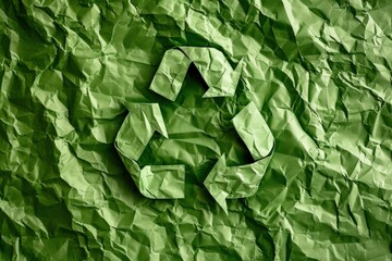 Fototapeta na wymiar Crumpled green paper background with recycling symbol, environment preservation and earth day concept.