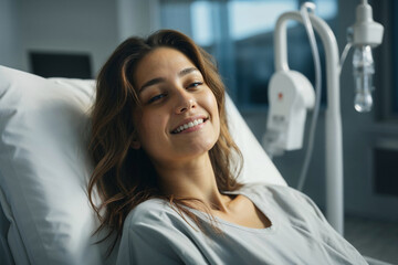 Generative AI image of a smiling woman lying in a hospital bed with an IV drip in the background, conveying a sense of recovery and optimism
