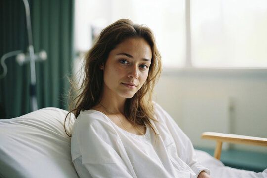 Generative AI image of a contemplative woman sitting in a hospital bed, with a curtain and medical equipment in the background, reflecting a moment of calm
