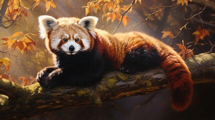 Fototapeta premium An intricately detailed scene of a red panda perched on a tree branch, the dappled sunlight illuminating its vibrant fur - Generative AI