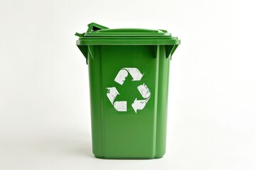 Green trash can with recycling symbol, concept of environmental preservation and Earth Day.