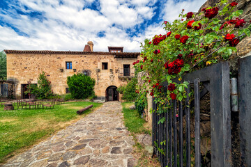 Fototapeta na wymiar Big house with garden and flowers in Molinos de Duero. Soria. Spain. Europe.