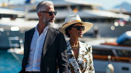 Elegant rich couple enjoying luxury marina lifestyle. Generative AI image