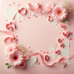 Photo top view with flowers and hearts on a pink background, Al Generation