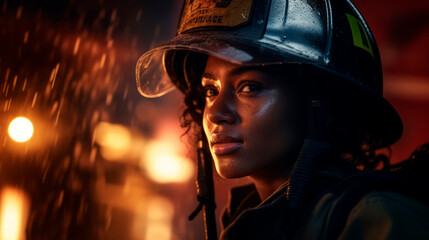 Courageous female firefighter gazing into distance Generative AI image