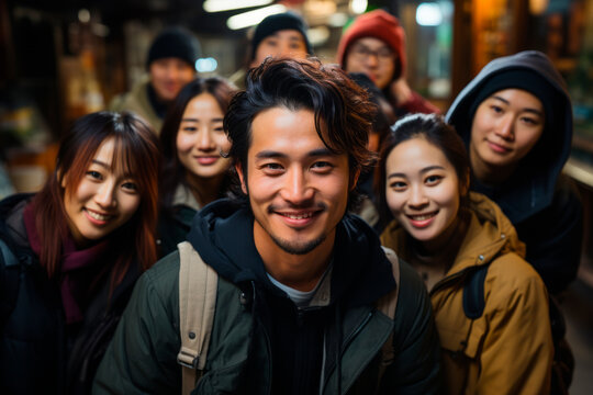Group of young Asian friends smiling in the city at night Generative AI image