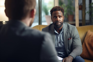 African man having psychology session at mental health office.
