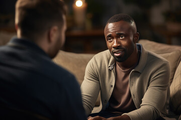 Young black man in a consultation with a professional psychologist listening to advice on improving behavior in life. Mental health concept. - obrazy, fototapety, plakaty